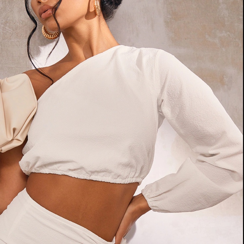 White Textured Woven One Shoulder Crop Top